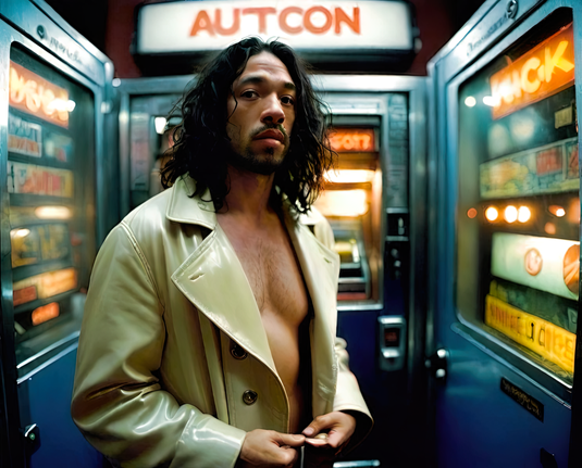 a photographic depiction of a humanoid individual in an open overcoat standing among vending machines inside an automated vending facility