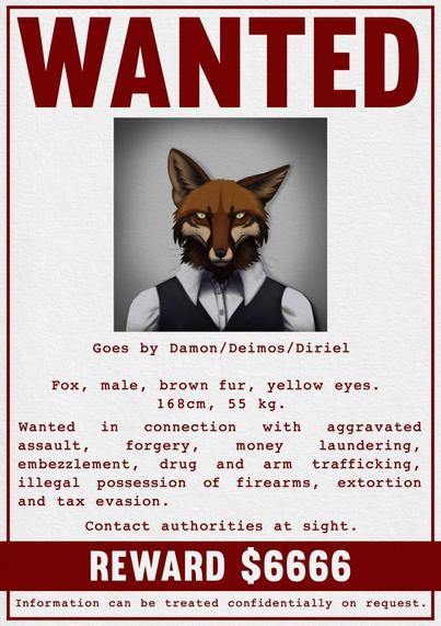 A wanted poster of an anthropomorphic fox. Digitally drawn.