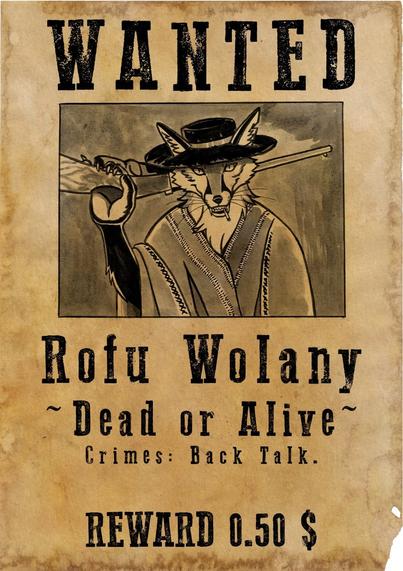 A western style wanted poster of an anthropomorphic fox. Drawn with ink and scanned and edited digitally.