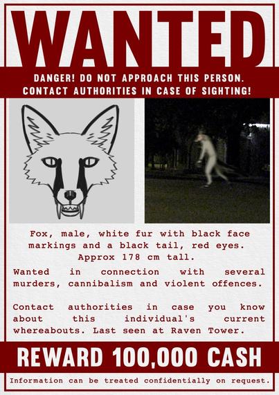 A wanted poster of an anthropomorphic fox. Digitally drawn,