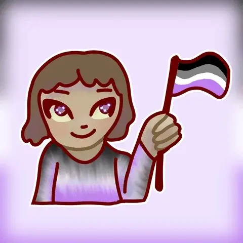 A person wearing a shirt of asexual colors (black, gray, white, purple), holding an asexual flag.