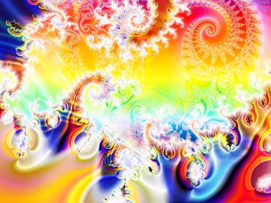 psychedelic day-glo technicolor fractal filigree spirals in bright rainbow tones