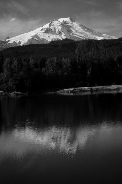Mount Baker (WA) in the background showing the snow, middle third is forest land and foreground is lake with a reflection of the mountain.