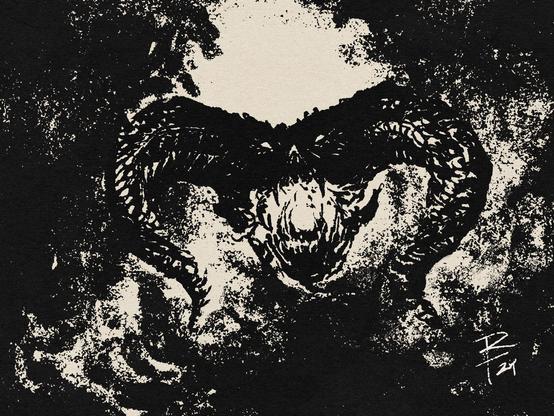 High contrast black digital ink sketch of a Balrog raising it’s head to roar as fire and smoke billow around it