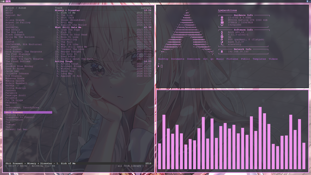 A screenshot of arch Linux running i3wm. There are three terminals. One to the left and two to the right. The ones to the rights are stacked on top of each other.