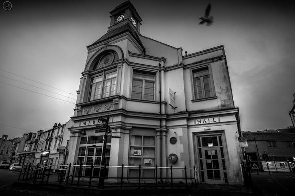 Monochrome shot of ornate market hall building in town centre