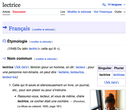 page wiktionary du mot "lectrice"