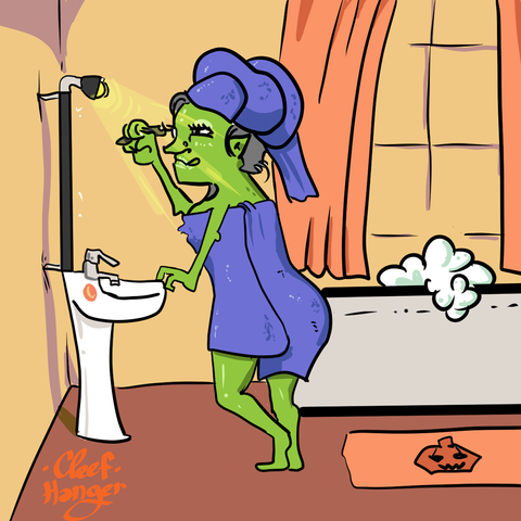 Witch making the eyeliner with a towel in her body and head in front of the mirror at the bathroom.