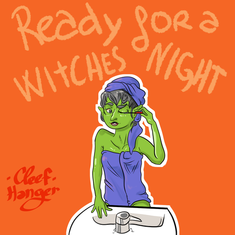 Sexy witch puting on the rimmel while wearing a towel at her body and head. a text: "Ready for witches night" at the background.