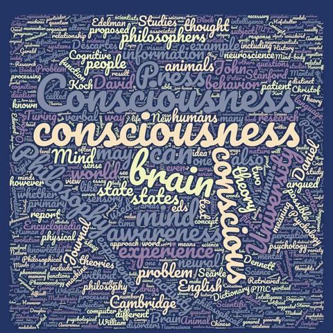 Word cloud of the wikipedia page on consciousness