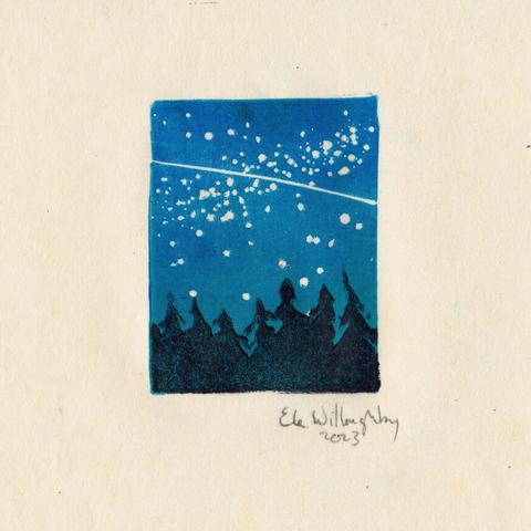 As described this is a very small linocut print of the night sky in blue with carved stars, Milky Way and a line across the sky and a line of silhouettes of evergreen trees in black along the bottom.