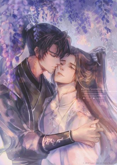 art of ranwan mo ran & chu wanning from 2ha erha fanart from Rou Bao Bu Chi Rou’s The Husky and His White Cat Shizun danmei kissing beneath wistoria tree