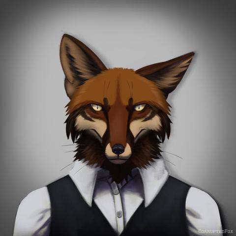 A mugshot of a brown anthropomorphic fox with a floppy ear directly looking at the camera. Digitally drawn.