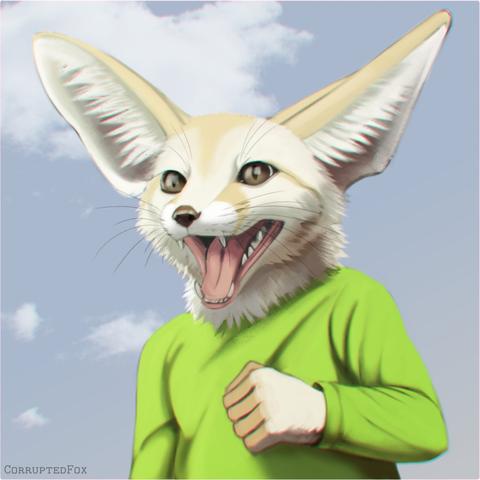 A happy anthropomorphic fennec fox running. He is wearing a bright green shirt. Digitally drawn.