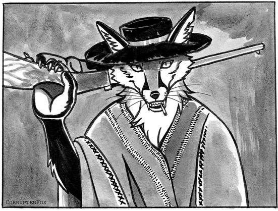 An anthropomorphic fox wearing a poncho and a hat directly looking at the viewer. He has a cigarette in his muzzle and is lifting a rifle from his back. Drawn with ink.