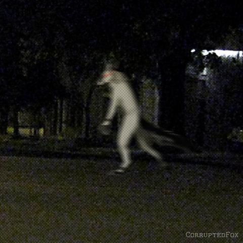 A blurry photo of an anthropomorphic white fox walking on a street. Digitally drawn.
