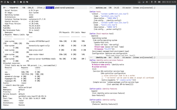 The screenshot of emacs fram, on the left the output of kubectl showing that nodes are run on Guix System with Linux kernel and there is a hello-world pod deployed to the cluster.

The right part of the frame contain some parts of the guix configuration of the cluster.