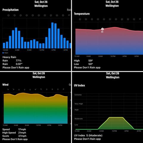 Four charts from Please Don't Rain - rain, temperature, wind, and UV index. Beneath the chart are text details and the app name.