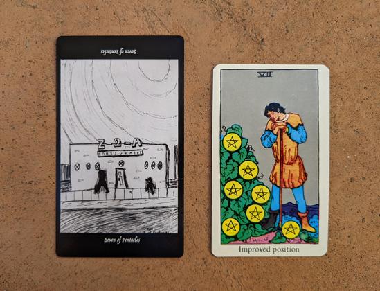 The Seven of Pentacles from the Elsewhere Tarot, showing a rough, sketchy drawing of a  consignment shop named Z-2-A, with pulsating sun overhead and two shadowy figures out front, one of which is humanoid and the other of which is taller, and maybe doesn’t have arms, alongside the Seven of Pentacles from a janky, bootleg RWS deck, showing a farmer with a lush growth of leaves and coins.
