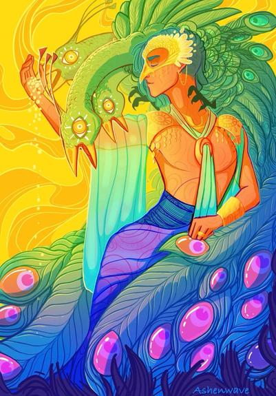 Digital Illustration of man dressed in colorful clothes and golden bits of armor and a mask adorning his face. He is feeding glowing grain to a peacock with three heads that clutches at his neck, all heads demanding food. They are surrounded with long, ornate green feathers.