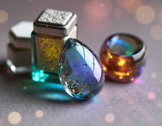 Close-up of iridescent objects made of glowing colorful futuristic materials, one floating; bokeh background, macro style.