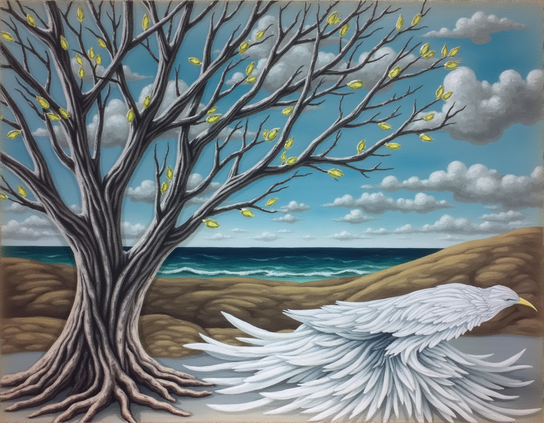 A mostly bare tree in spring with new leaves; below is a large white bird with overabundant flowing feathers, set against an ocean background, in a surreal style.