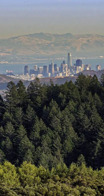 Photo Mount Tam Foothills, San Francisco, the Bay, Alameda, the Oakland Airport, and the East Bay Hills, stacked.
