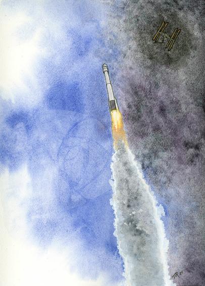 FIRST FLIGHT by Danielle Rose Baker. A watercolor painting of the CFT-1 launch and inaugural test (should we call it only test? Too soon?) of the Boeing Starliner spacecraft, carrying two astronauts to the International Space Station on an Atlas rocket. The rocket rises past wispy clouds on the left side, with a view of the ISS in space in the top right corner. The blue sky fades to a mottled blue-purple color on the right, representing the depths of space.