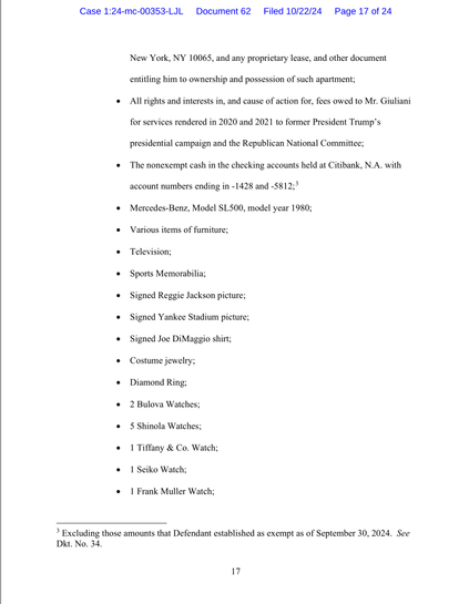 Receivership order for Ruby Freeman and Shaye Moss's civil judgment against Rudy Giuliani. Property including his apartment, bank accounts, a Mercedes, and expensive jewelry are all being turned over to Moss and Freeman.