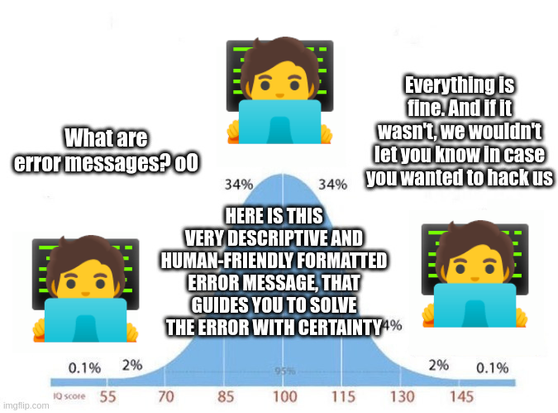 Programmers in the early 2000s: "What are error messages? oO"
Programmers in the 2010s: "Here is this very descriptive and human-friendly error message, that guides you to solve the error message with certainty"
Programmers today: "Everything is fine. And if it wasn't, we wouldn't let you know in case you wanted to hack us"