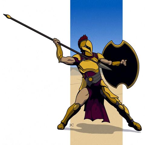 Illustration of a fantasy hoplite in stylized armor holding a spear and a shield.