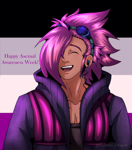 A happy smiling space pirate guy with the asexual flag colors behind him