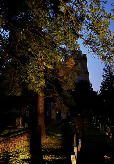 An old english church can be seen in twilight behind some trees, the sky is still a little bit blue