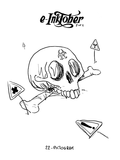 A black and white drawing of a skull on a bone with a biohazard pictogram on the forehead.
Some triangular panels with various danger pictograms are around it.