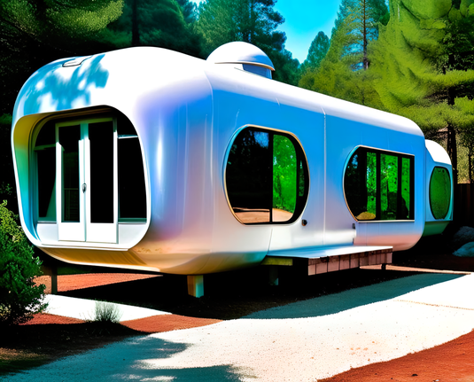 a photographic depiction of a small trailer-style home with rounded features on a paved platform in a wooded area