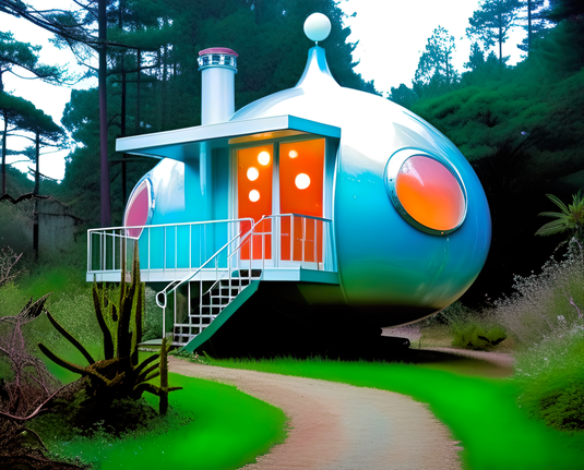 a photographic depiction of a small “pod” home, egg-shaped and accessible via stairs, next to a path in a wooded area