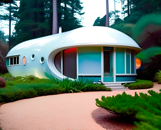 a photographic depiction of a small prefabricated home, oblong with curved features, in a wooded environment