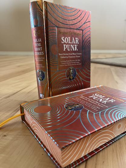 Two copies of a book, one standing and one laying on its side. Orange, shiny hardbacks with concentric circles across the cover and the sides of the pages. Title in white: Solarpunk: Short Stories from Many Futures, Edited by Francesco Verso. Below the title, a circle containing a bee.