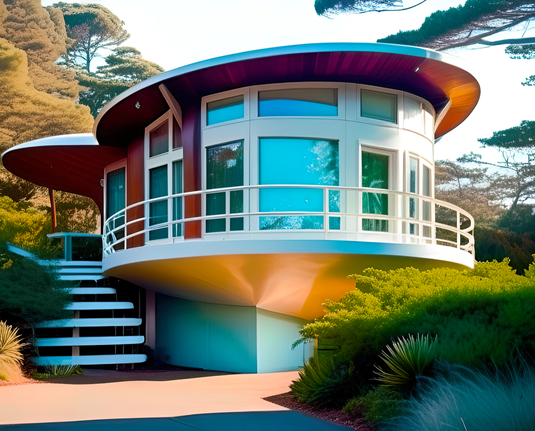 a photographic depiction of a prefab “saucer” or “burger” home with rounded features and wraparound porch nestled in a wooded area