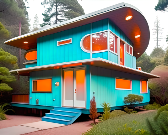 a photographic depiction of a small two-story home with a few rounded features and bright exterior paint in a wooded area
