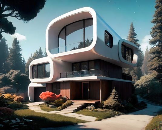 a photographic depiction of a multistory home with rounded features on a secluded wooded lot