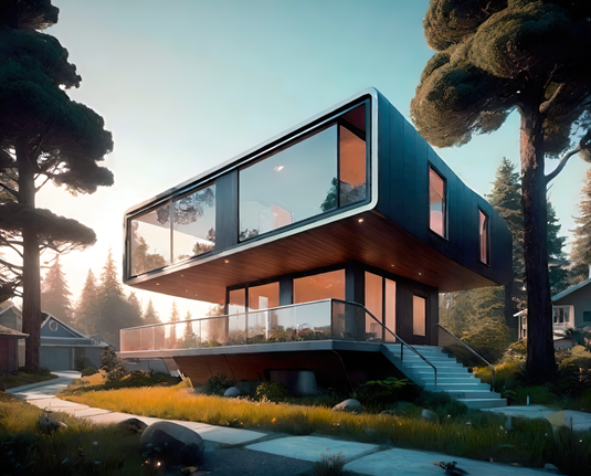 a photographic depiction of a small two-story home with lots of glass and rounded corners in a wooded neighborhood