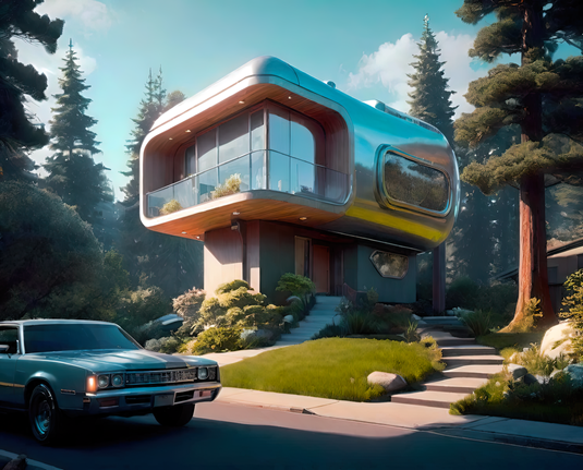 a photographic depiction of a small two-story home with rounded features and a stumpy pedestal design on a wooded lot with an elderly car in the foreground