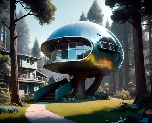 a photographic depiction of a shiny pod home on a short stalk accessible by broad stairs with a house of more traditional lines visible in the background, all in a wooded area
