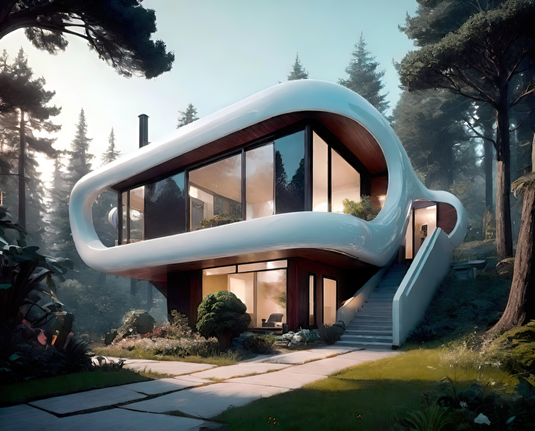 a photographic depiction of a small two-story home with rounded plasticky features on a lot in a wooded area