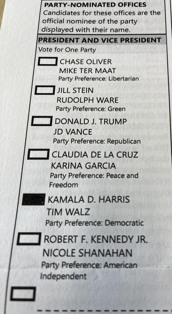 Partial picture of a ballot with Kamala Harris and Tim Walz box filled in black
