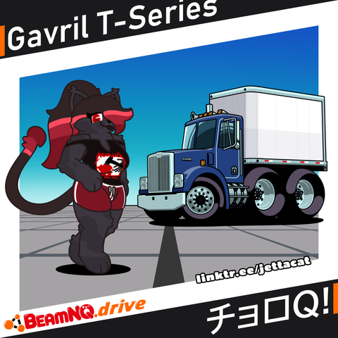 Christine, a black cat, stands in the foreground on a grid floor, with a cartoonishly proportioned semi truck in the background. The truck is drawn in a Choro Q esque style, and is depicted as the Gavril T-Series from BeamNG.drive. Text reads "Gavril T-Series - BeamNQ.drive" with "Choro-Q" spelled out in katakana on the bottom right