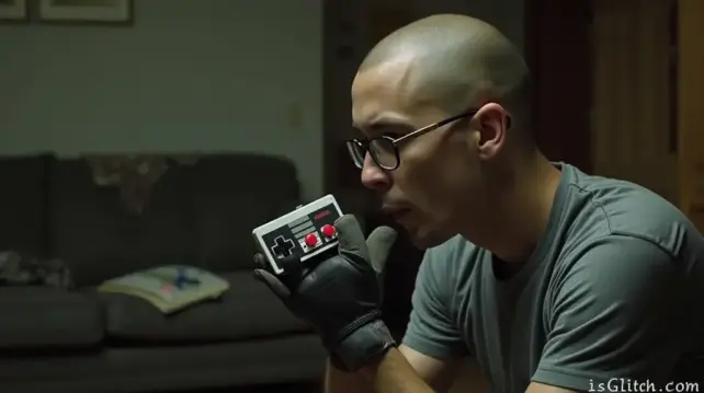 A sad bald young man blowing into a glove with a Nintendo controller on it.