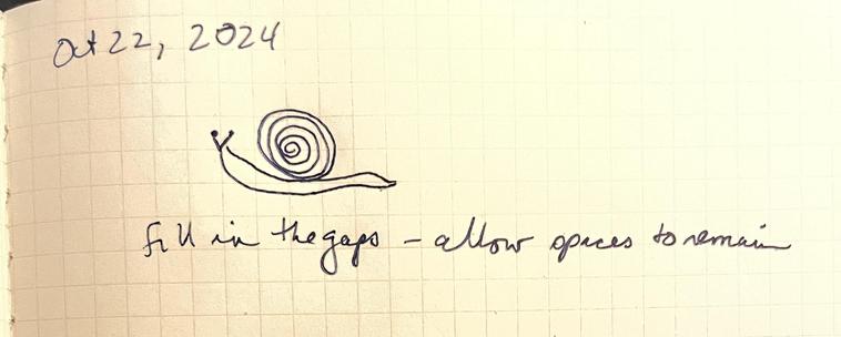 journal page dated Oct 22, 2024

a spiral shell on top of a very simple slug body to make a snail. 
written underneath it says, fill in the gaps, all spaces to remain