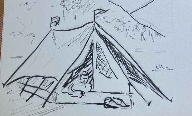 A simple ink sketch of a traditional camp tent